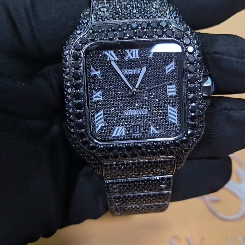 Iced out black Mossanite watch